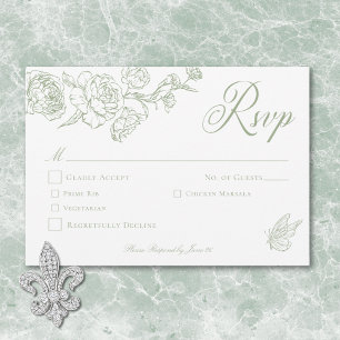 Elegante grüne Chinoiserie mit Vogel und Wappen zu RSVP Karte