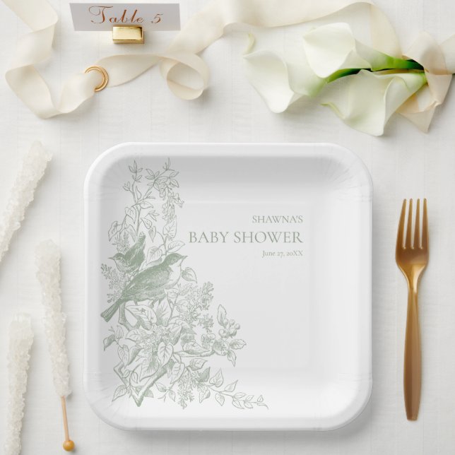 Elegante grüne Chinoiserie Nature Birds Babydusche Pappteller (Hochzeit)