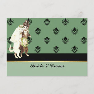 Elegante grüne Damast-Katzen-Hochzeitseinladung Einladung