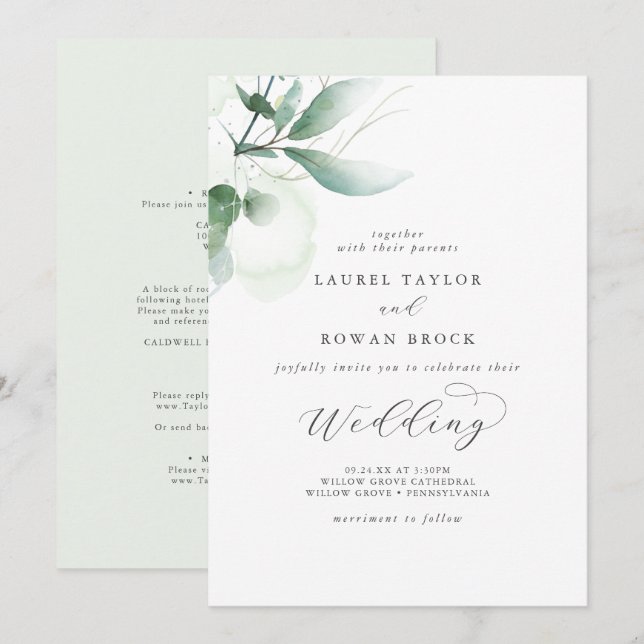 Elegante Grüne Einladung Hochzeit (Vorne/Hinten)