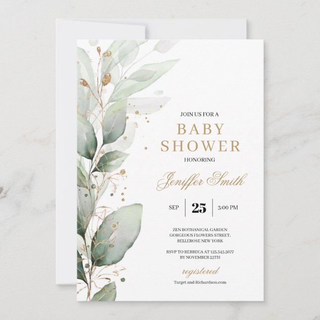 Elegante grüne Eukalyptus und goldene Babydusche Einladung (Vorderseite)