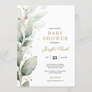 Elegante grüne Eukalyptus und goldene Babydusche Einladung