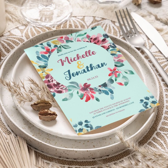 Elegante grüne farbenfrohe Hochzeit mit Blumen Einladung (Von Creator hochgeladen)