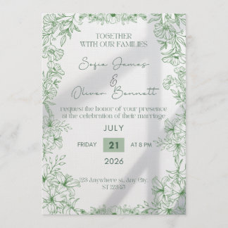 Elegante grüne florale Linienkunst-Hochzeitseinlad Einladung