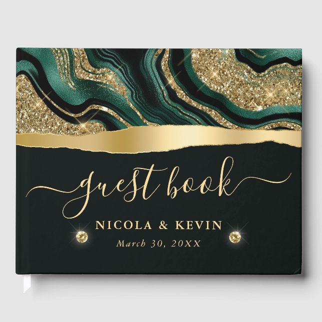 Elegante Grüne Foil and Gold Glitzer Agate Wedding Gästebuch (Vorderseite)