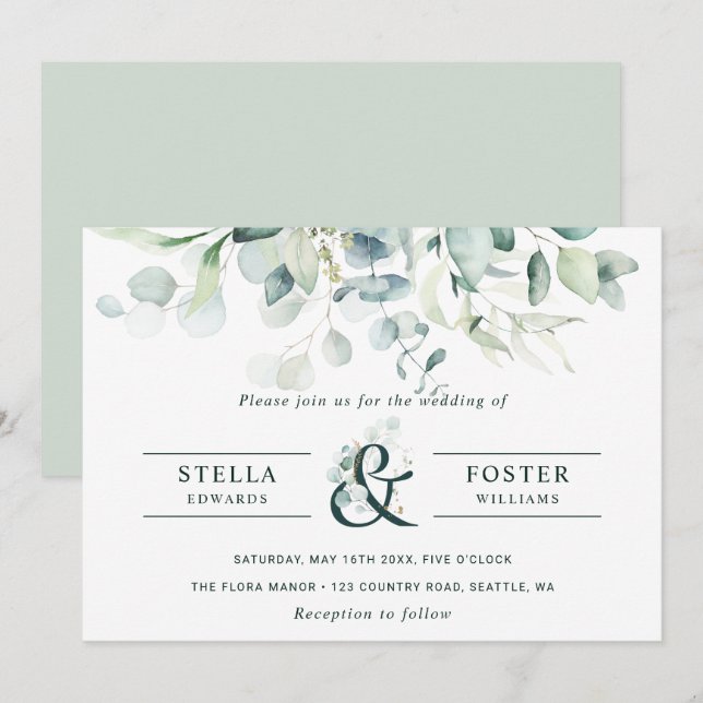 Elegante grüne Foliage Ampersand Hochzeit Einladung (Vorne/Hinten)