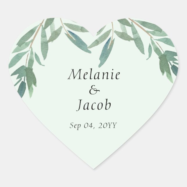 Elegante grüne Foliage Hochzeit Herz-Aufkleber (Vorderseite)