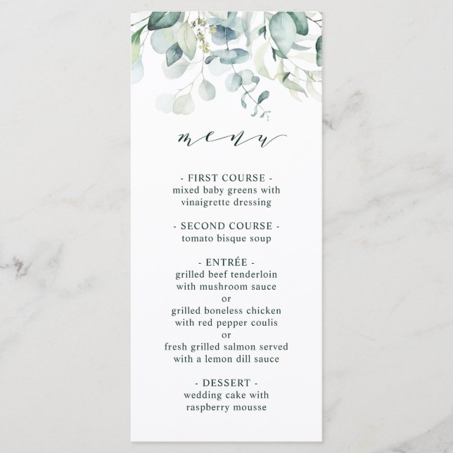 Elegante grüne Foliage Hochzeit Menükarte (Vorderseite)