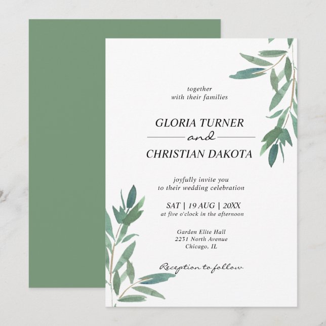Elegante grüne Foliage Hochzeitseinladung Einladung (Vorne/Hinten)