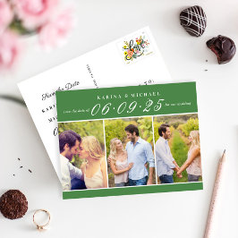 Elegante grüne Fotocollage Hochzeit speichern Sie  Ankündigungspostkarte