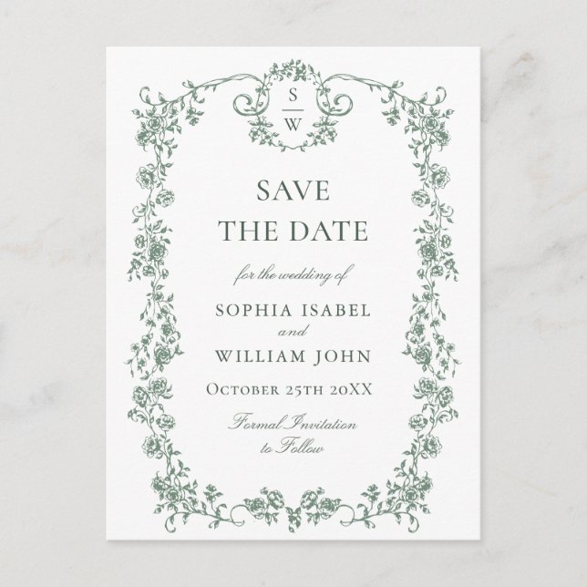 Elegante grüne französische Hochzeit retten das Da Postkarte (Vorderseite)