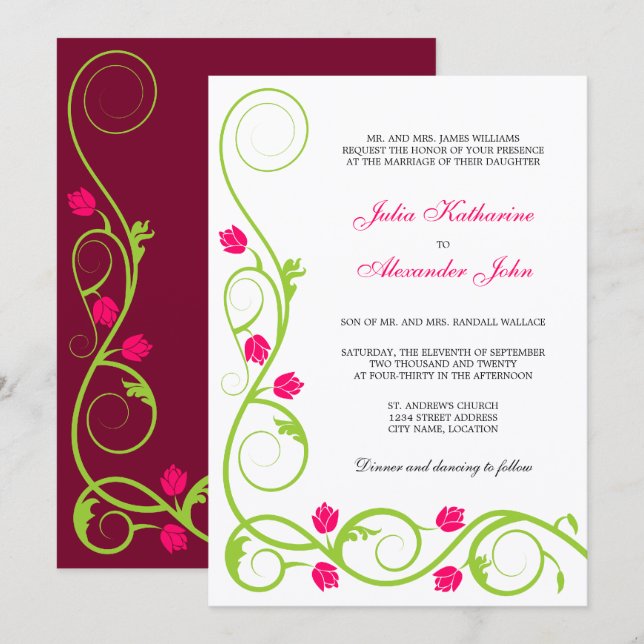 Elegante grüne Fuchsia-Wirbel Hochzeit Einladung (Vorne/Hinten)