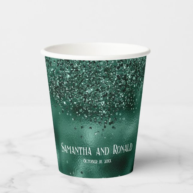 Elegante grüne Glitzer & Foil Wedding Paper Cups Pappbecher (Vorderseite)