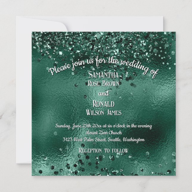 Elegante Grüne Glitzer- und Foil-Hochzeit Einladung (Vorderseite)