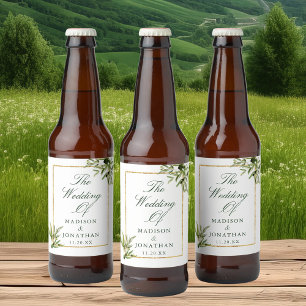 Elegante grüne goldene Botanische Hochzeit Bierflaschenetikett