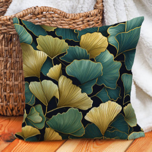 Elegante grüne goldene Ginko-Blätter Schwarz Kissen