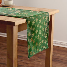 Elegante grüne & goldene Schneeflocken Weihnachten Kurzer Tischläufer