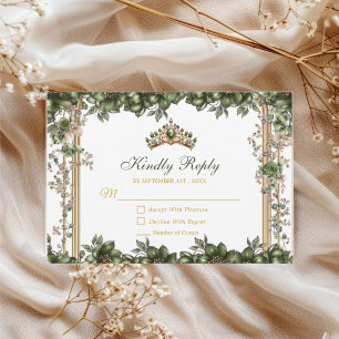 Elegante grüne goldene Tiara-Floral-Quinceañera RSVP Karte