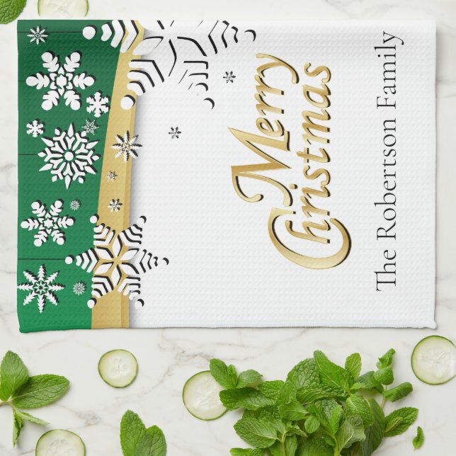 Elegante grüne, goldene und weiße Weihnachten Geschirrtuch (Gefaltet)