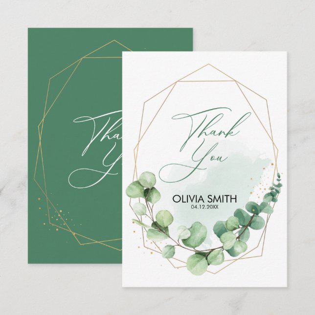 Elegante grüne Goldlinien Eukalyptus Hochzeit Dankeskarte (Vorne/Hinten)