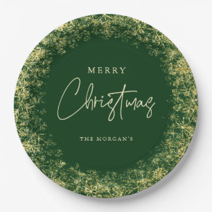 Elegante grüne Goldschneeflocken Weihnachten Pappteller