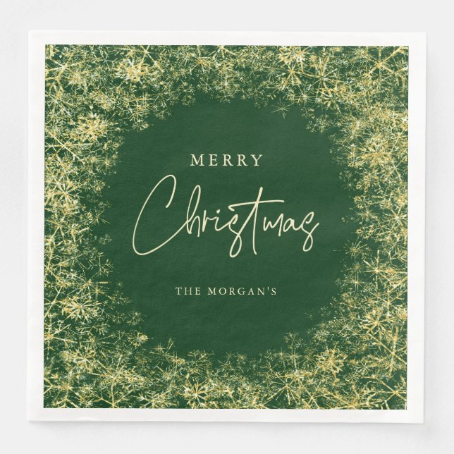 Elegante grüne Goldschneeflocken Weihnachten Serviette (Vorderseite)