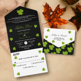 Elegante Grüne Herbstlaube Schwarze Flora Hochzeit All In One Einladung