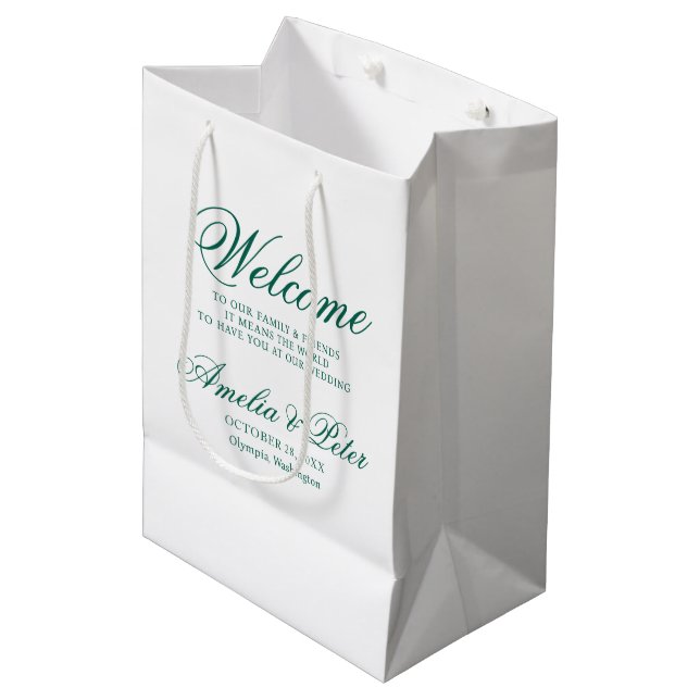 Elegante Grüne Hochzeit Willkommen Mittlere Geschenktüte (Vorderseite Schrägansicht)