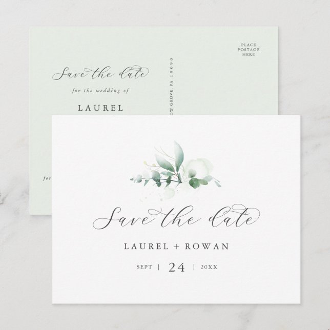Elegante Grüne Horizontal Save the Date Postkarte (Vorne/Hinten)