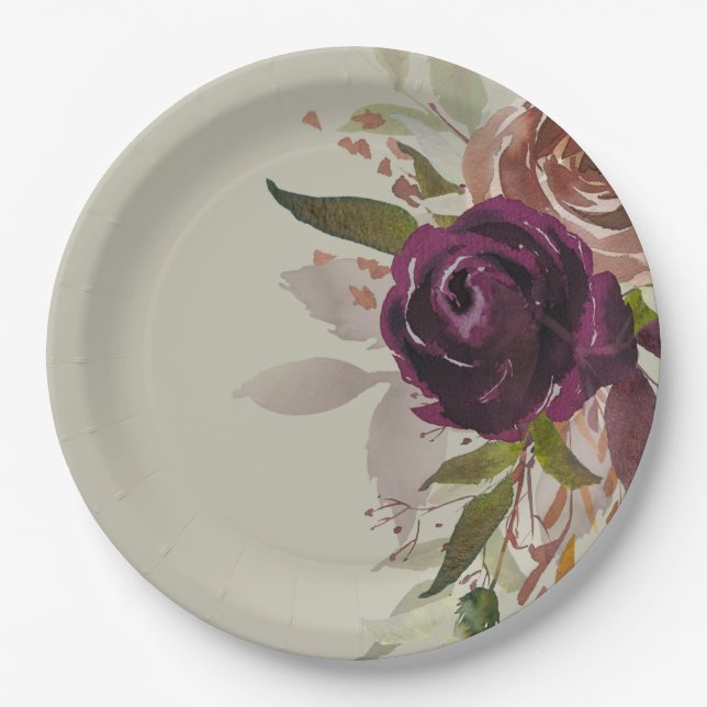 Elegante Grüne Lila Pflaume und goldene Blumenhoch Pappteller (Vorderseite)