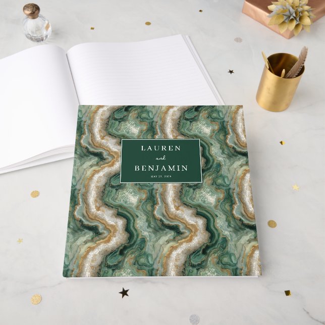 Elegante grüne Marmorwellen Gästebuch (Vorderseite offen)