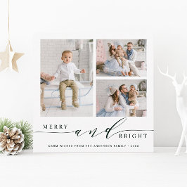 Elegante Grüne Merry & Bright 3 Foto Square Feiertagskarte