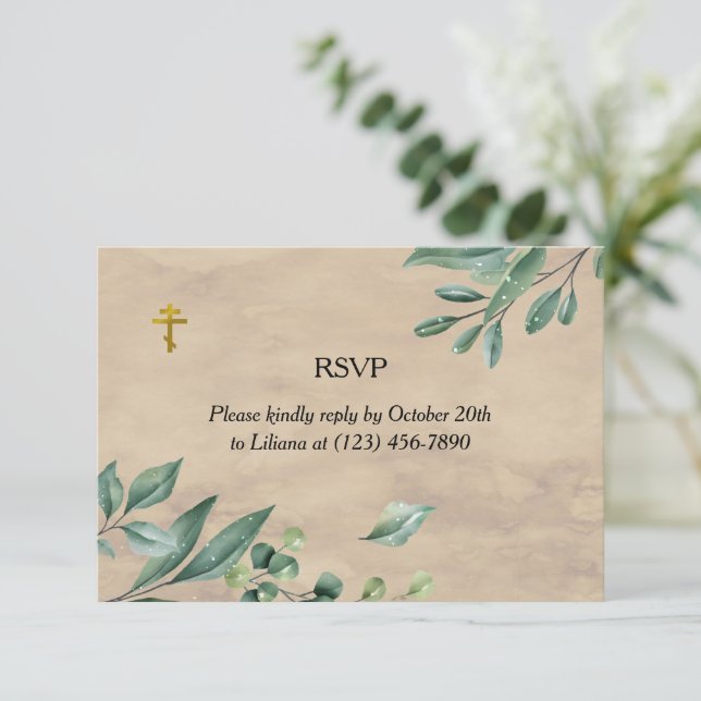 Elegante Grüne Orthodoxe Christliche Beerdigung RSVP Karte (Stehend Vorderseite)