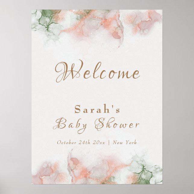 Elegante grüne Rosa Agate Baby Dusche Willkommen Poster (Vorne)