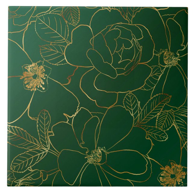 Elegante Grüne Rose Blumenlinie Zeichnend Fliese (Vorderseite)