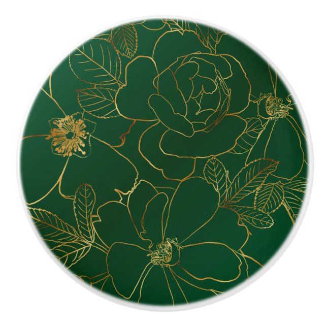 Elegante Grüne Rose Blumenlinie Zeichnend Keramikknauf (Vorderseite)