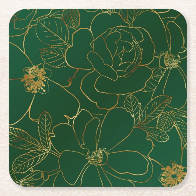 Elegante Grüne Rose Blumenlinie Zeichnend Rechteckiger Pappuntersetzer (Vorderseite)