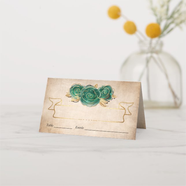 Elegante, grüne Rose, gedecktes Gold Platzkarte (Vorderseite)