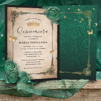 Elegante grüne Rose Goldene Quinceanera Einladung
