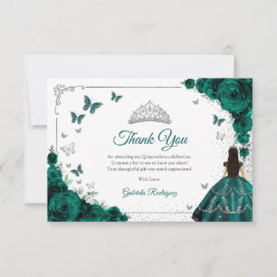 Elegante grüne Rosen Silber Quinceanera Dankeskarte