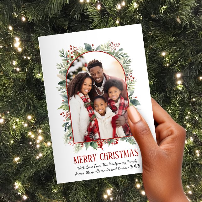 Elegante Grüne Rote Foto Weihnachten (Elegant Greenery Red Arch Custom Photo Christmas Holiday Card)