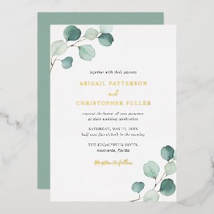 Elegante Grüne Rustikale Eukalyptus-Hochzeit Gold Folieneinladung