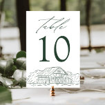 Elegante grüne Rustikale Hochzeit Tischnummer<br><div class="desc">Rustikale Stallkarten mit einer gezeichneten Abbildung einer grünen Scheune und eines grünen Waldes am unteren Ende des Designs mit weißem Hintergrund. "Table" wird in eleganter grüner Kalligrafie mit der unten abgebildeten Tischnummer angezeigt. Design wiederholt sich auf der Rückseite. Um die Tischkarten zu bestellen, fügen Sie einfach jede Nummer in Ihren...</div>
