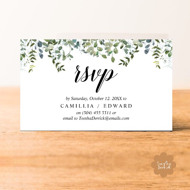 Elegante Grüne, Schwarzes Script, UAWG Response Begleitkarte (Wedding invitation RSVP via Phone or email respond reminder Enclosure Card in aesthetic Greenery)