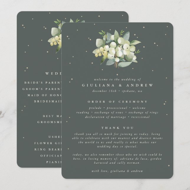 Elegante grüne Snowberry+Eucalyptus Bouquet Weddin Programm (Vorne/Hinten)