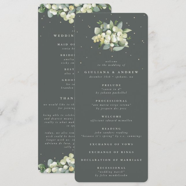 Elegante grüne Snowberry+Eucalyptus Bouquet Weddin Programm (Vorne/Hinten)