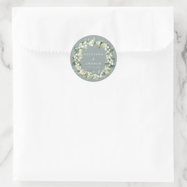 Elegante grüne Snowberry+Eucalyptus Wreath Wedding Runder Aufkleber (Tasche)