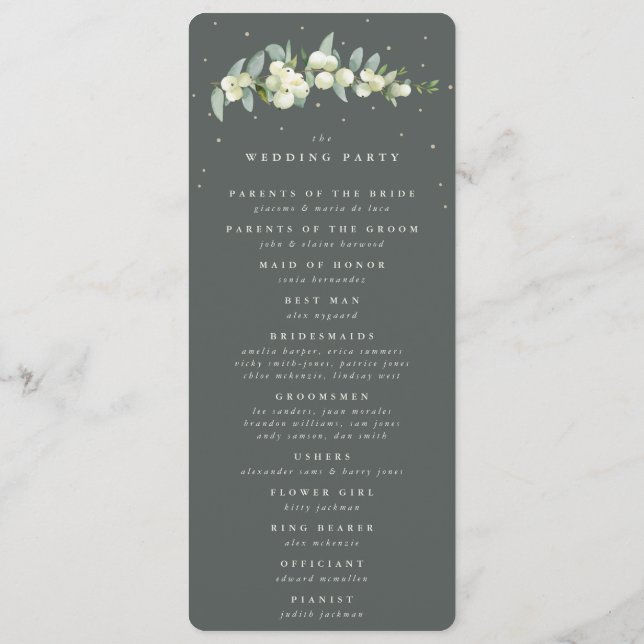 Elegante grüne Snowberry+Eukalyptus Stem Wedding Programm (Rückseite)