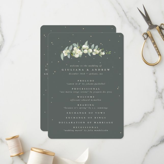 Elegante grüne Snowberry+Eukalyptus Stem Wedding Programm (Vorderseite/Rückseite Beispiel)
