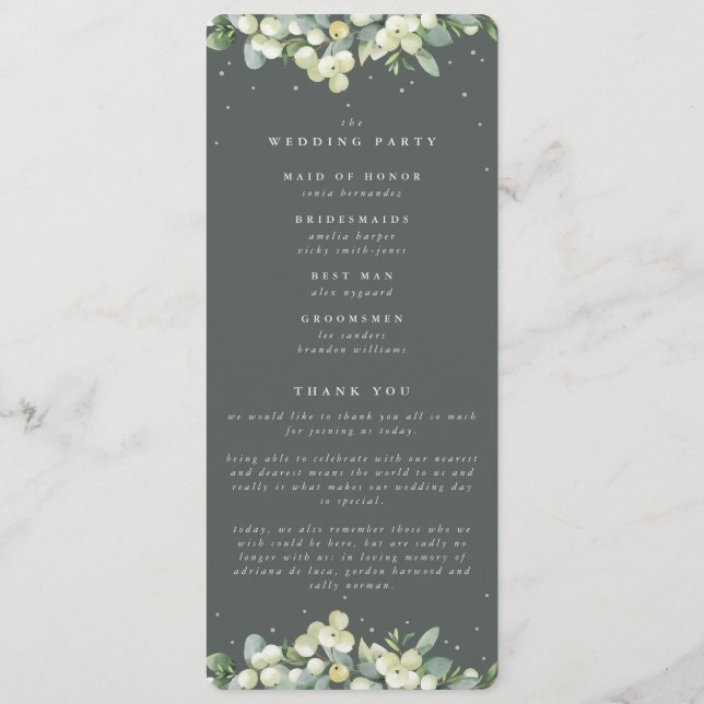 Elegante grüne Snowberry+Eukalyptus Stem Wedding Programm (Rückseite)